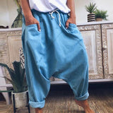 Woloong Women Harem Pants Trousers Boho Mid Waist Pants Women Solid Check Pants Baggy Wide Leg Casual Capris