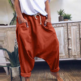 Woloong Women Harem Pants Trousers Boho Mid Waist Pants Women Solid Check Pants Baggy Wide Leg Casual Capris