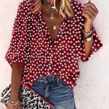 New Fashion Daisy Floral Print Shirts Women V Neck Long Sleeve Button Tops Casual Loose Plus Size Blouse