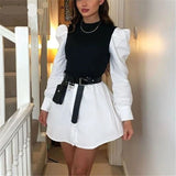 Puff Sleeve Sexy Mini Dress Women Casual Party Rib Shirt Patchwork Spring Long Sleeve Wrap A-Line Woman Dress