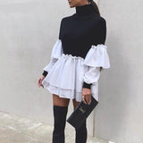 Puff Sleeve Sexy Mini Dress Women Casual Party Rib Shirt Patchwork Spring Long Sleeve Wrap A-Line Woman Dress