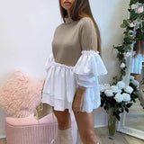 Puff Sleeve Sexy Mini Dress Women Casual Party Rib Shirt Patchwork Spring Long Sleeve Wrap A-Line Woman Dress