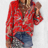 New Fashion Daisy Floral Print Shirts Women V Neck Long Sleeve Button Tops Casual Loose Plus Size Blouse