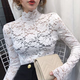 Woloong Plus Size Women Lace Blouses Shirts Sexy Hollow Out Long Sleeve Solid Blouse Lady Elegant Floral Embroidery Elastic Shirt Tops