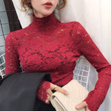 Woloong Plus Size Women Lace Blouses Shirts Sexy Hollow Out Long Sleeve Solid Blouse Lady Elegant Floral Embroidery Elastic Shirt Tops