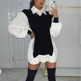 Puff Sleeve Sexy Mini Dress Women Casual Party Rib Shirt Patchwork Spring Long Sleeve Wrap A-Line Woman Dress