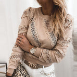 Woloong Women Elegant Lace Patchwork Hollow Out Long Sleeve Blouses Shirts Fashion O-Neck Bow Solid Tops Ladies Casual Streetwear Blusa