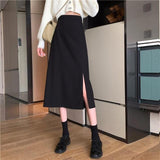 Skirts Women Black High-waist Side-split Midi Skirt Ladies Stretchy Body-con A-line Vintage Elegant All-match Simple Fashion New