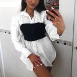 Puff Sleeve Sexy Mini Dress Women Casual Party Rib Shirt Patchwork Spring Long Sleeve Wrap A-Line Woman Dress