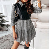 Puff Sleeve Sexy Mini Dress Women Casual Party Rib Shirt Patchwork Spring Long Sleeve Wrap A-Line Woman Dress