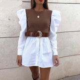 Puff Sleeve Sexy Mini Dress Women Casual Party Rib Shirt Patchwork Spring Long Sleeve Wrap A-Line Woman Dress