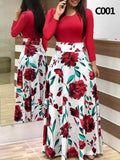 Women Maxi Dress Autumn Casual Floral Print O Neck Short Sleeve Patchwork Tunic Party Elegant Boho Dresses Robe Ladies Plus Size