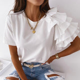 Summer Short Sleeve Women Shirt Pullover Lady Casual O Neck Solid Blouse Shirt Fashion Layered Ruffle Tops Blusa Streetwear