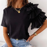 Summer Short Sleeve Women Shirt Pullover Lady Casual O Neck Solid Blouse Shirt Fashion Layered Ruffle Tops Blusa Streetwear