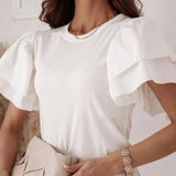 Summer Short Sleeve Women Shirt Pullover Lady Casual O Neck Solid Blouse Shirt Fashion Layered Ruffle Tops Blusa Streetwear