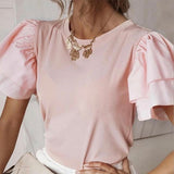 Summer Short Sleeve Women Shirt Pullover Lady Casual O Neck Solid Blouse Shirt Fashion Layered Ruffle Tops Blusa Streetwear