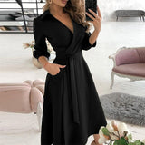 Elegant Women Letter Diamond Print Party Dresses Spring Fashion Sexy V-Neck Belt A-Line Dresses Female Casual Long Sleeve Dress