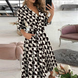 Elegant Women Letter Diamond Print Party Dresses Spring Fashion Sexy V-Neck Belt A-Line Dresses Female Casual Long Sleeve Dress