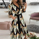 Elegant Women Letter Diamond Print Party Dresses Spring Fashion Sexy V-Neck Belt A-Line Dresses Female Casual Long Sleeve Dress