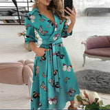 Elegant Women Letter Diamond Print Party Dresses Spring Fashion Sexy V-Neck Belt A-Line Dresses Female Casual Long Sleeve Dress