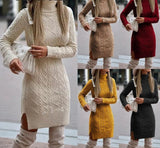 WEPBEL Women Elegant Autumn Winter Knitted Sweater Dress Casual Ladies Solid Color Long Sleeve Turtleneck Split Bodycon Dress