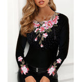 Woloong  Elegant Blouse for Women Flower Print Mesh Tops Long Sleeve Black O-neck Patchwork Ladies Lace Decor Tee Tops Spring summer