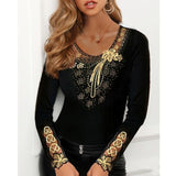 Woloong  Elegant Blouse for Women Flower Print Mesh Tops Long Sleeve Black O-neck Patchwork Ladies Lace Decor Tee Tops Spring summer