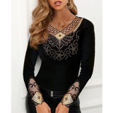 Woloong  Elegant Blouse for Women Flower Print Mesh Tops Long Sleeve Black O-neck Patchwork Ladies Lace Decor Tee Tops Spring summer