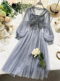 Women Mesh Lace Crochet Dresses V-neck Elegant Prom Puff Sleeves Dress Women Summer Dot Prom Party Sexy Slim Swing Long Dress