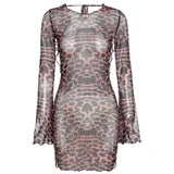 Party Night Sexy Leopard Backless See-Through Clubwear Women Clothing Flared Sleeves Lace Up Bodycon Mini Street Dresses