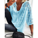 Woloong Women Blouse Summer Tops Three Quarter Sleeve Cut Out Lace Female Shirt  Loose Casual Solid Pullover Thin Ladies Shirts