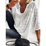 Woloong Women Blouse Summer Tops Three Quarter Sleeve Cut Out Lace Female Shirt  Loose Casual Solid Pullover Thin Ladies Shirts