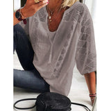 Woloong Women Blouse Summer Tops Three Quarter Sleeve Cut Out Lace Female Shirt  Loose Casual Solid Pullover Thin Ladies Shirts