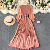 woloong Autumn Fashion Streetwear Long Dress Design French Pleated Maxi Dress Women Elegant O Neck Long Sleeve A-line Dress