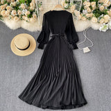 woloong Autumn Fashion Streetwear Long Dress Design French Pleated Maxi Dress Women Elegant O Neck Long Sleeve A-line Dress