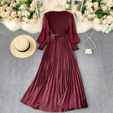 woloong Autumn Fashion Streetwear Long Dress Design French Pleated Maxi Dress Women Elegant O Neck Long Sleeve A-line Dress