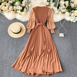 woloong Autumn Fashion Streetwear Long Dress Design French Pleated Maxi Dress Women Elegant O Neck Long Sleeve A-line Dress