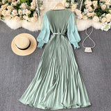 woloong Autumn Fashion Streetwear Long Dress Design French Pleated Maxi Dress Women Elegant O Neck Long Sleeve A-line Dress