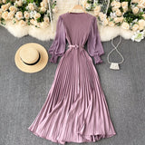 woloong Autumn Fashion Streetwear Long Dress Design French Pleated Maxi Dress Women Elegant O Neck Long Sleeve A-line Dress