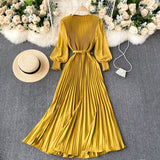 woloong Autumn Fashion Streetwear Long Dress Design French Pleated Maxi Dress Women Elegant O Neck Long Sleeve A-line Dress