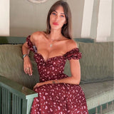 woloong summer Print Dress fashion elegant Slit maxi dress Floral Short Puff Sleeves Square Collar Holiday Dress  french romantic  Sexy