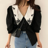 Elegant White Floral Embroidery Women Shirts Vintage Blusas Mujer De Moda  Korean Chic Puff Sleeve Blouse Clothes Tops