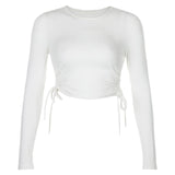Casual Solid O-Neck Long Sleeve Crop Top Women Pullover Side Drawstring Sweatshirt Ruched White T-Shirt Tee Shirt Women Clothing
