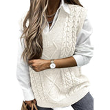 Twist Pullover Sweater Vests Women Oversized V-Neck Cable Knitted Korean Female Sleeveless Warm Tops Waistcoat Winter