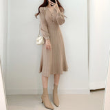 Vintage Elegant Knitted Beige Midi Dress New Autumn Long Sleeve Slim Woman Sweater Dresses One-Piece Woman Pleated Dress