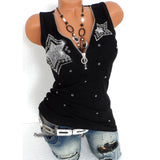 Stretch Beading Tanks Tees Cotton T-Shirt Sexy Zipper V Neck Sleeveless Top Women Summer T Shirts Black Slim Vest Plus Size 5XL